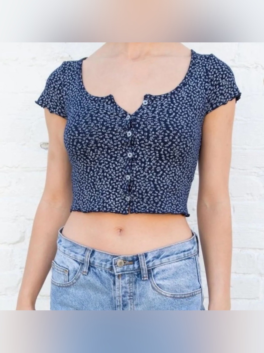 Brandy Melville Zelly Floral Button Front Top Blue White One Size